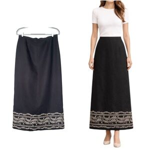 Vintage Talbots Linen Skirt Maxi Black Embroidered Back Slit Lined Minimalist